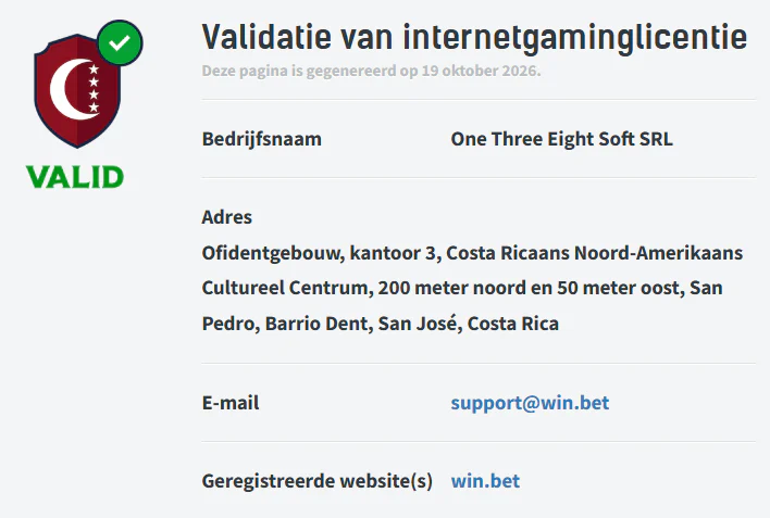 Licentievalidatie van Win.Bet Casino met registratiegegevens van One Three Eight Soft SRL in Costa Rica en vermelding van de website win.bet