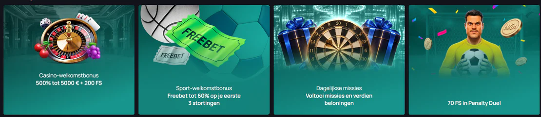 Promoties van Win.Bet Casino met een casinowelkomstbonus van 500% tot €5.000 en 200 gratis spins, een sportbonus tot 60%, dagelijkse missies en 70 gratis spins bij Penalty Duel